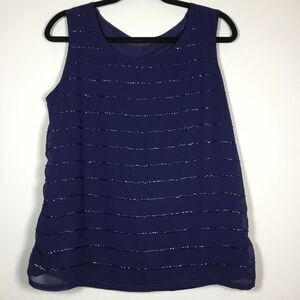 Navy blue tank sheer outer lined with horizontal sequin stripes classic size M